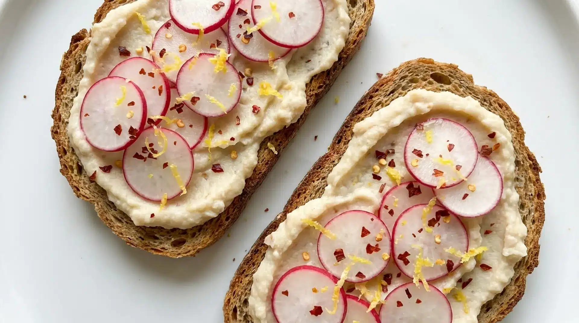two slices of toasted bread topped with creamy spread, thin radish slices, lemon zest, and red pepper flakes on plate