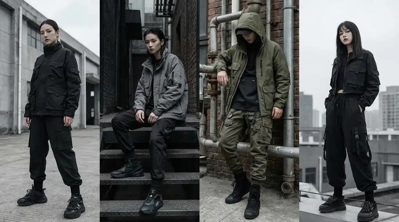 urban techwear outfits with cargo pants, tactical jackets, hoodies, and combat boots styled in dark tones