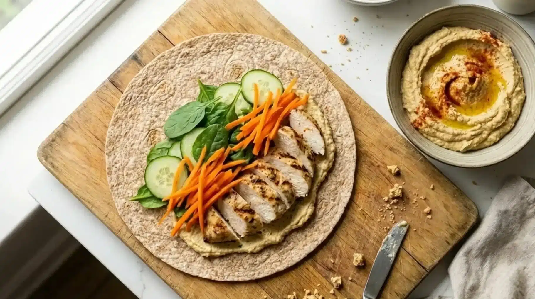 wheat wrap filled with hummus, grilled chicken, cucumber slices, carrots, and spinach on board with bowl of hummus