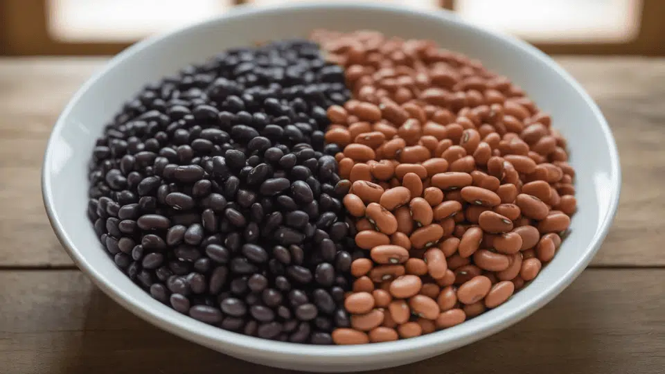 white bowl split evenly with black beans on one side and pinto beans on the other, placed on a wooden table (1)
