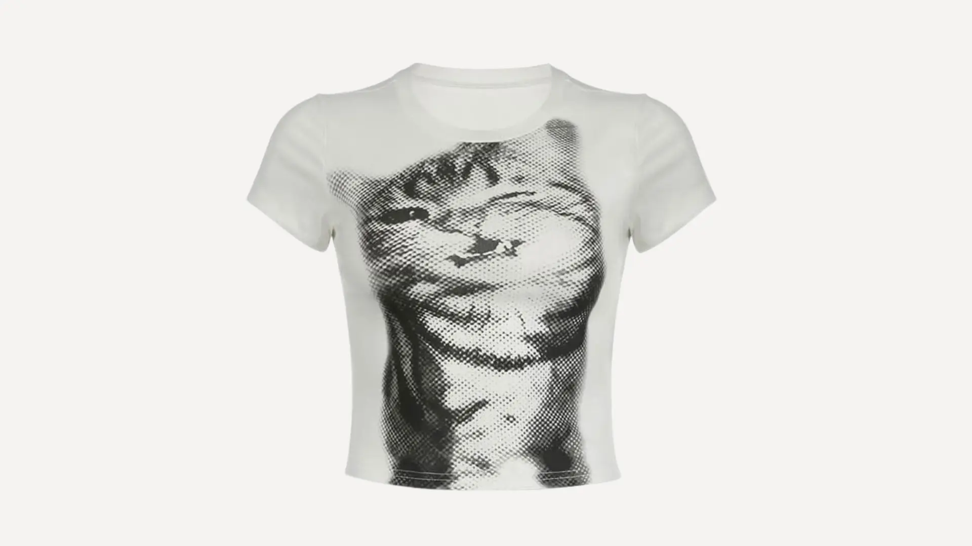 white cropped short-sleeve graphic tee with a large halftone print of a cat face on the front against a plain background