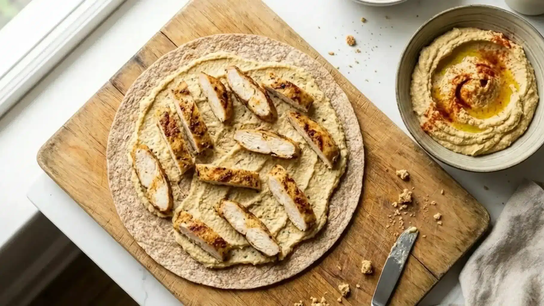 whole wheat wrap topped with hummus and grilled chicken slices on wooden board, with bowl of hummus and olive oil nearby