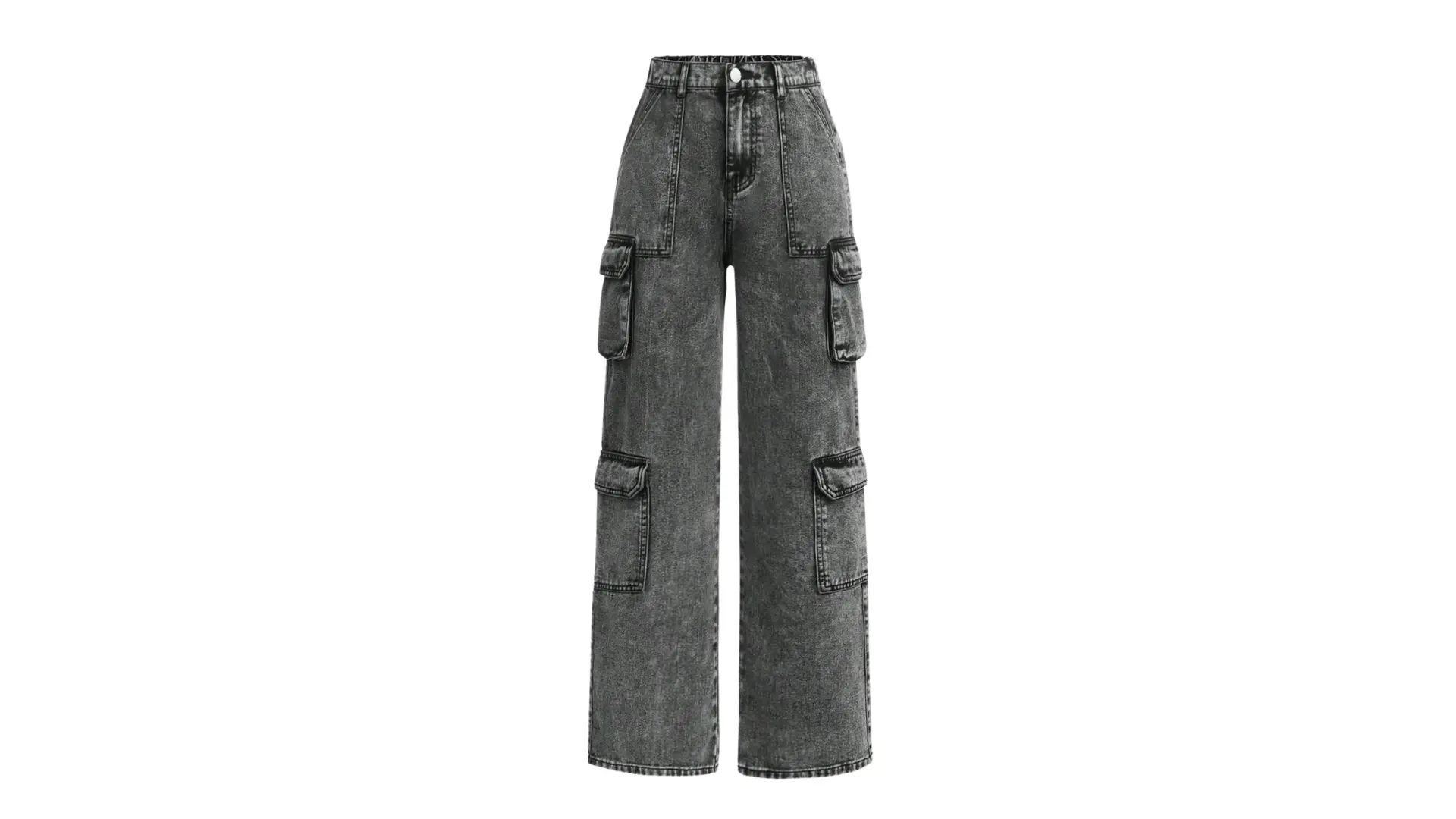 wide-leg cargo pants with large side pockets are centered on a white background in a professional studio shot