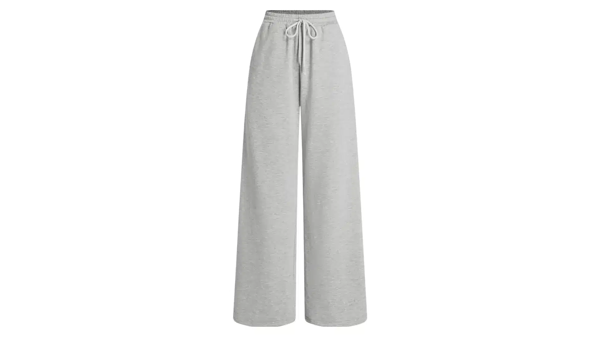 wide-leg light gray sweatpants with a drawstring waist are centered against a white background in a studio shot