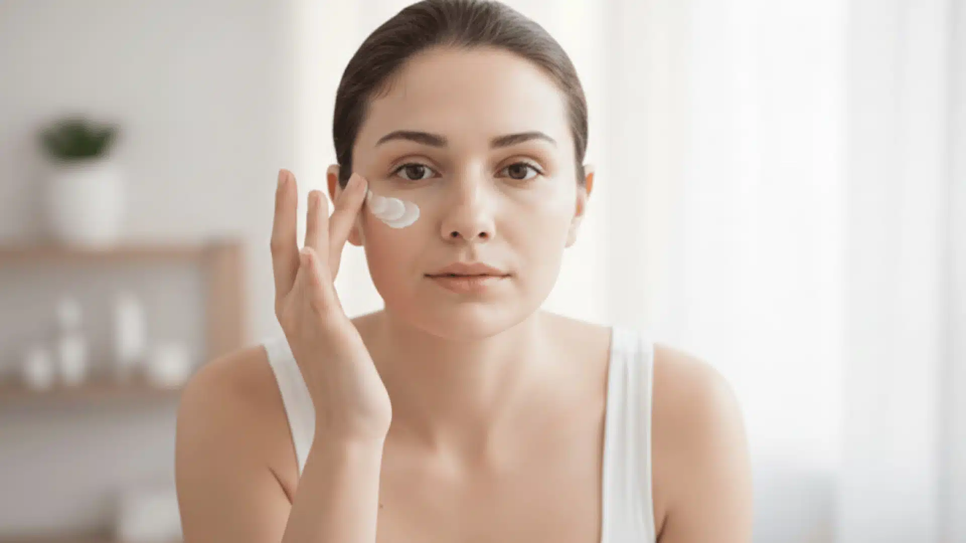 woman applying eye cream under her eye in bathroom mirror soft natural light skincare routine close up portrait