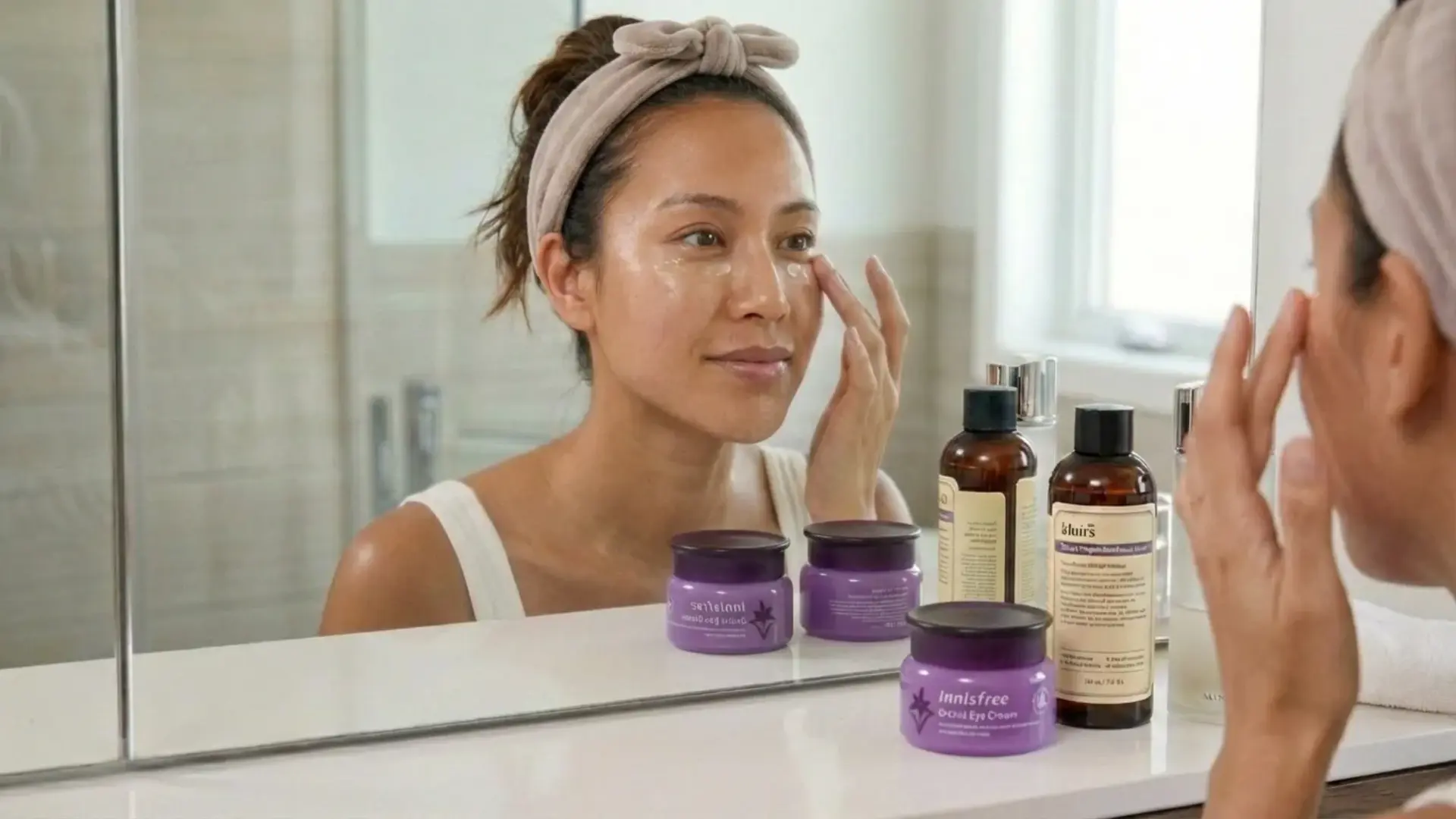 woman applying eye cream under her eyes in a mirror with various purple and brown skincare bottles on the counter