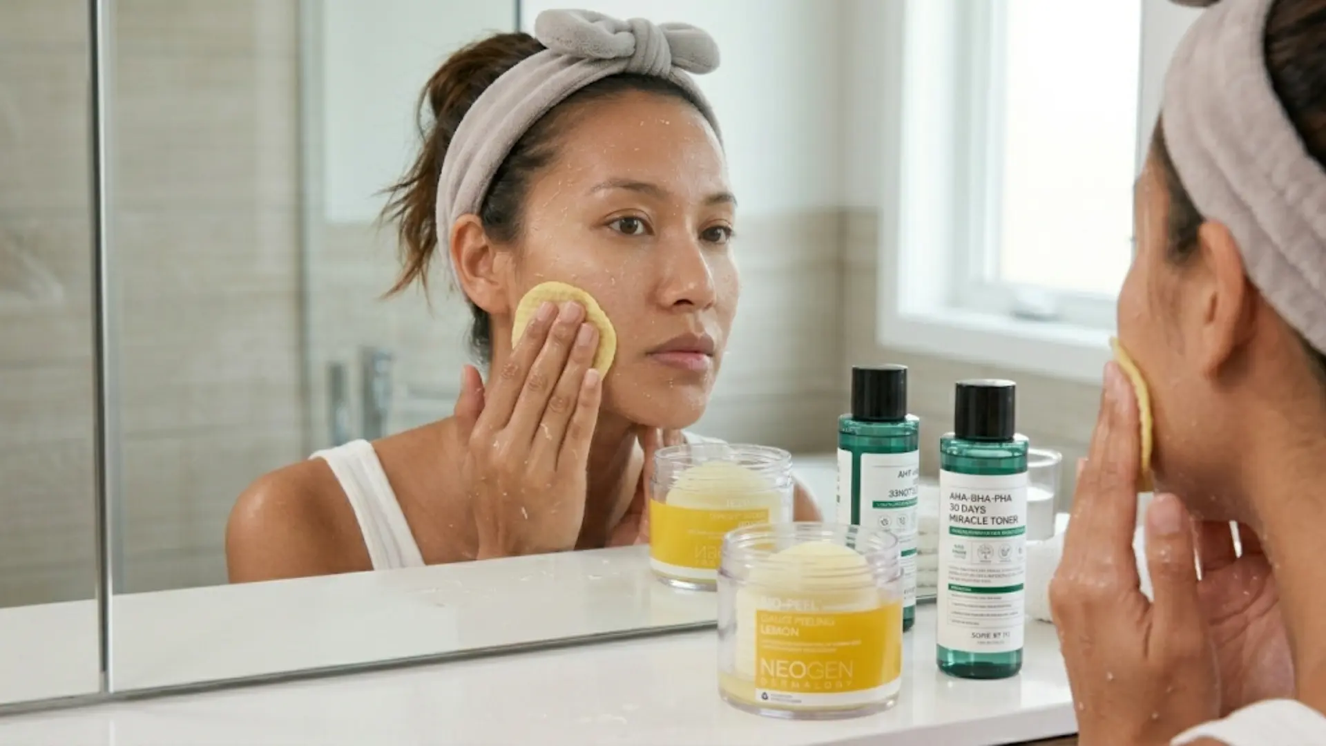woman applying gentle exfoliation with a cotton pad in the mirror using various liquid skincare products