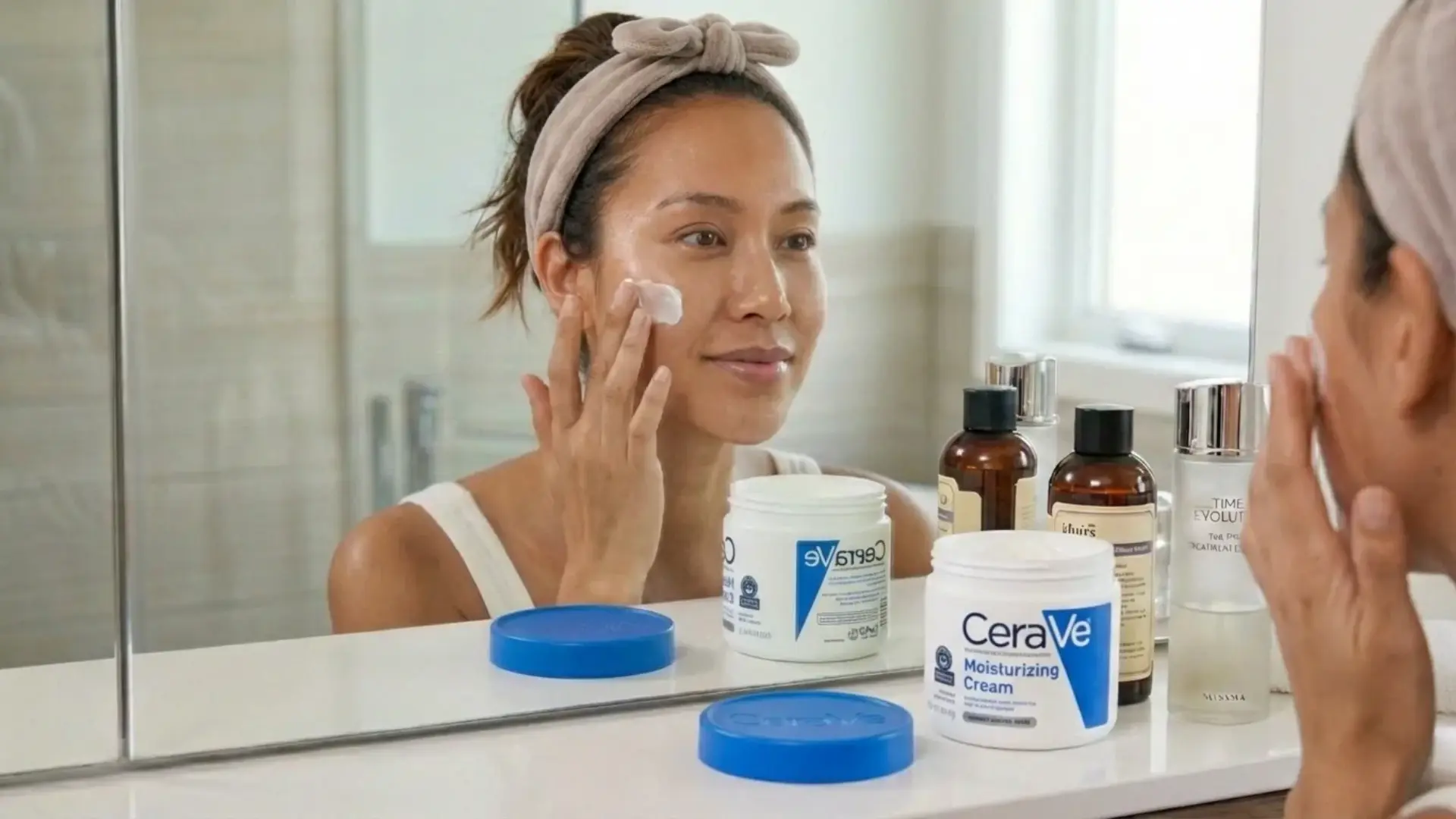 woman applying moisturizer with her fingers in a mirror with various white and blue skincare tubs on the counter