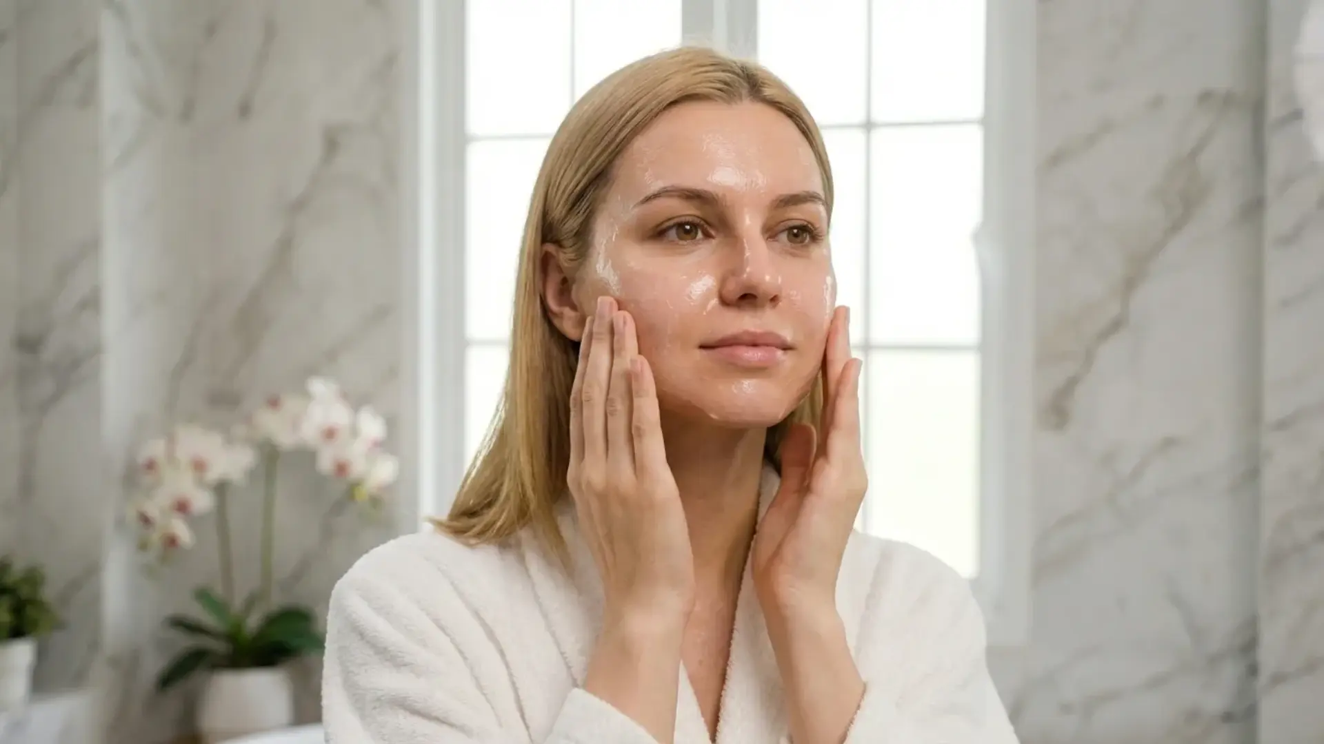 woman in a white bathrobe massaging a foaming cleanser into her combination skin in a bright marble bathroom