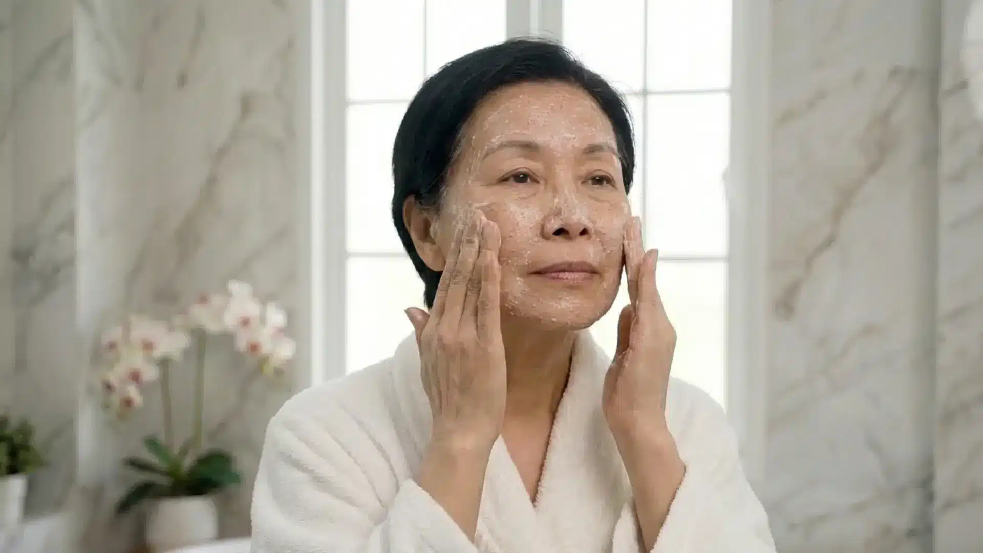 woman in a white bathrobe massaging a foaming cleanser into her mature skin in a bright bathroom