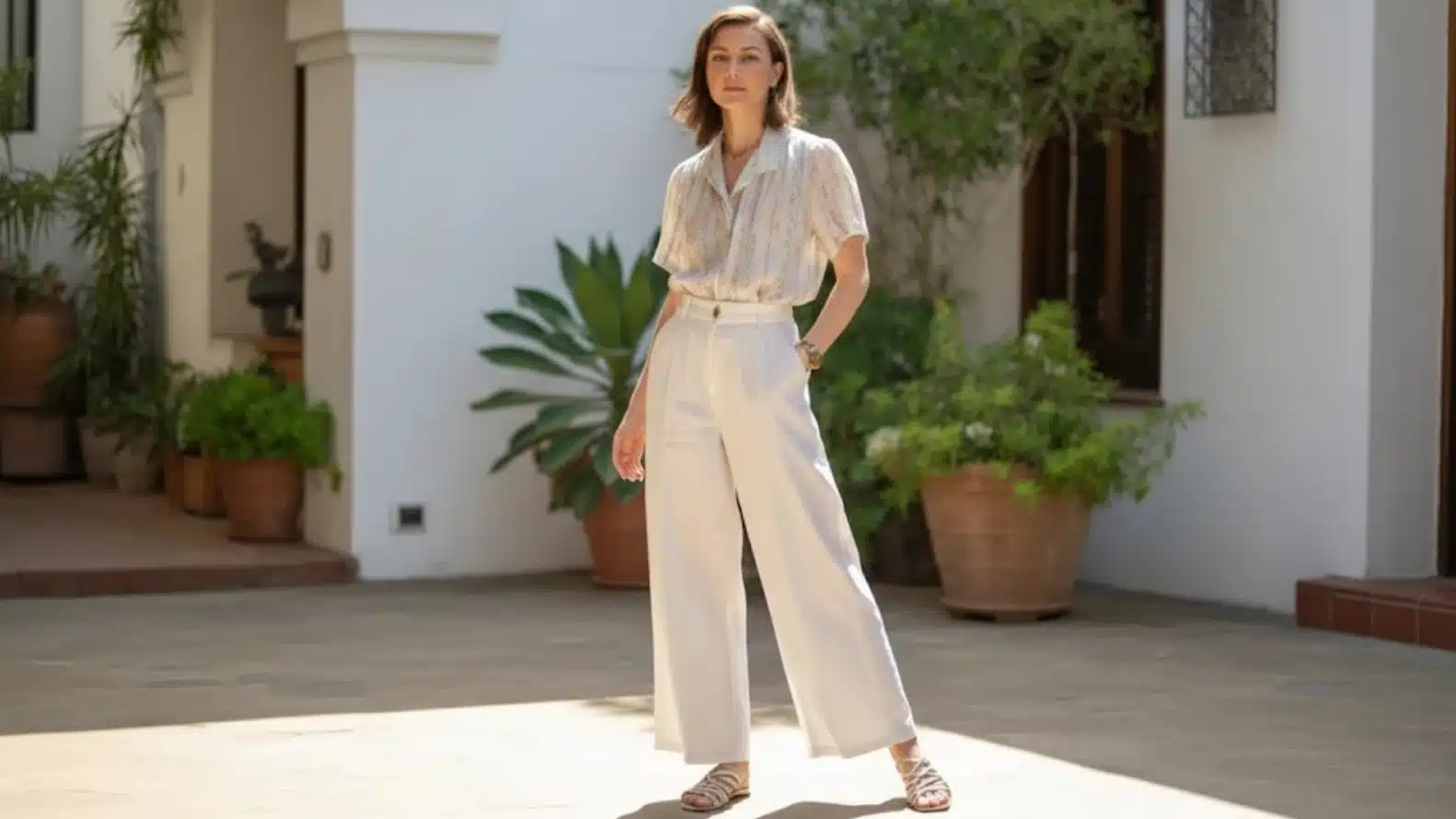 woman wearing light blouse, wide leg cream trousers, and strappy sandals standing in sunlit courtyard