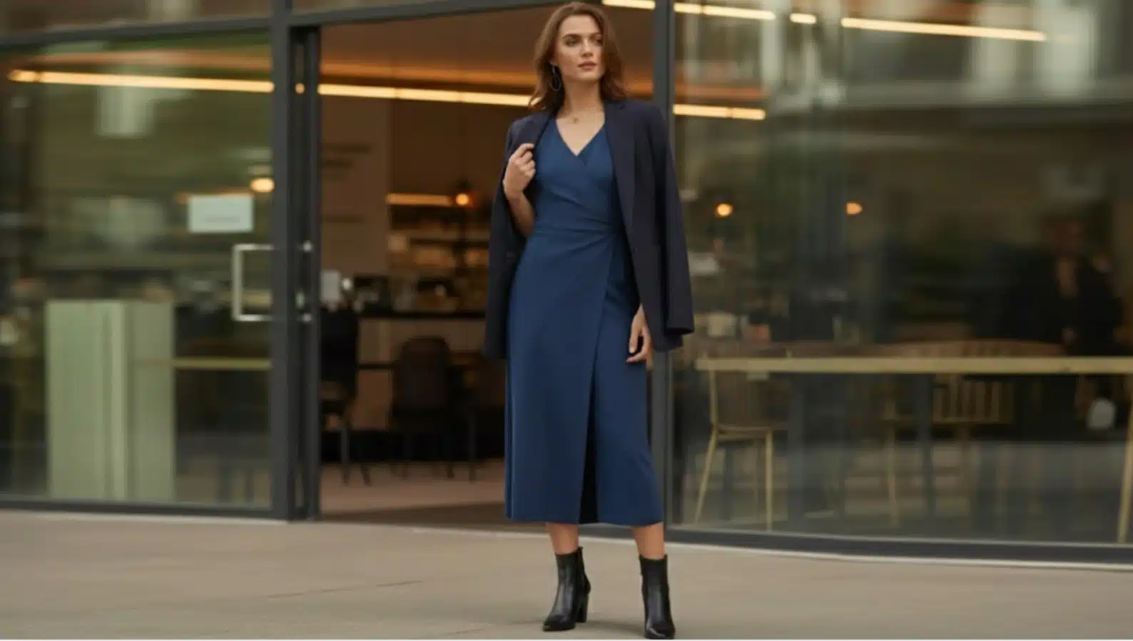 woman wearing navy midi dress, black blazer, and ankle boots standing outside modern restaurant entrance