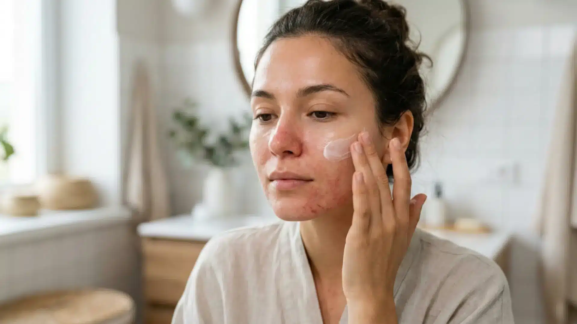 woman with eczema or damaged barrier skin applying cerave moisturizer to her red cheek in a bright bathroom