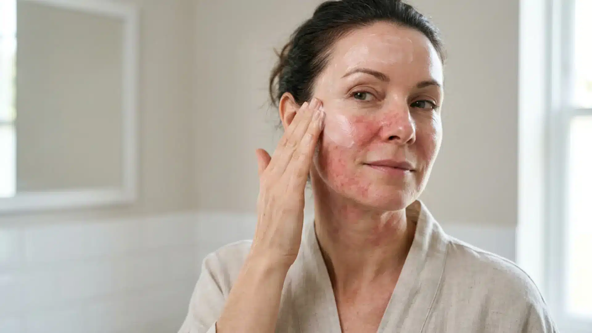 woman with sensitive skin applying cerave moisturizer to her red irritated cheek in a bright white bathroom