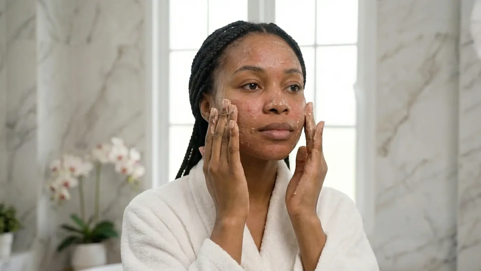 woman with sensitive skin in a white bathrobe applying a creamy cleanser to her face in a bright marble bathroom