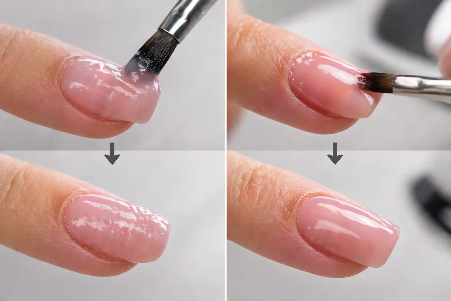 Before and after gel application showing uneven versus smooth finish
