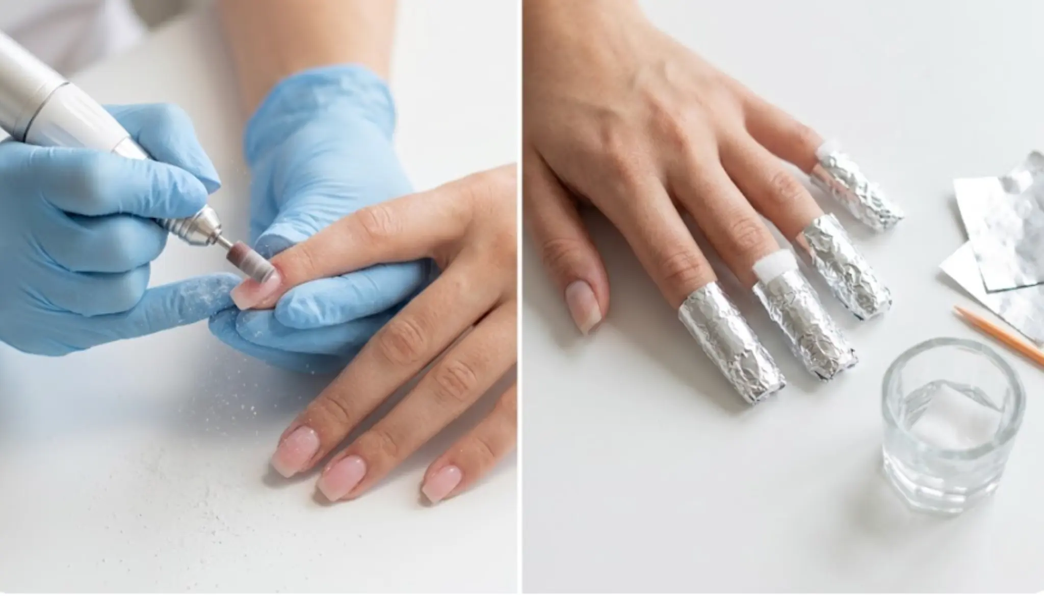 Nail technician filing gel nails; other hand soaking with foil.