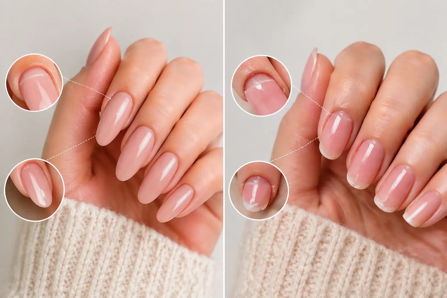 Split image showing intact nails versus worn nails with regrowth