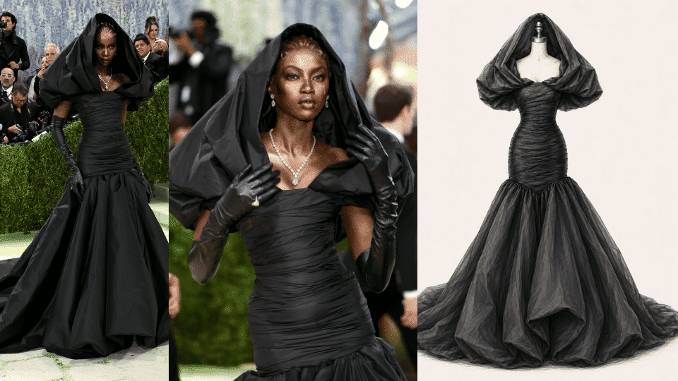 anok yai in balenciaga archival inspired gown with sculpted hair and gold tears
