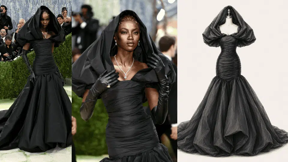 anok yai in balenciaga archival inspired gown with sculpted hair and gold tears