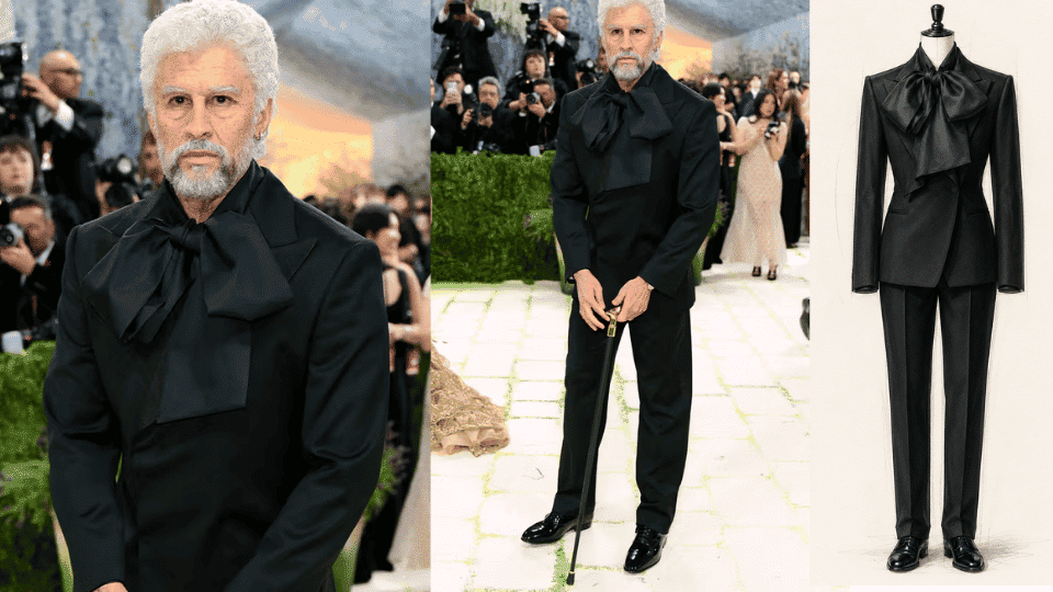 bad bunny in custom zara tuxedo with prosthetics grey hair and cane at met gala
