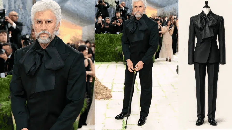 bad bunny in custom zara tuxedo with prosthetics grey hair and cane at met gala