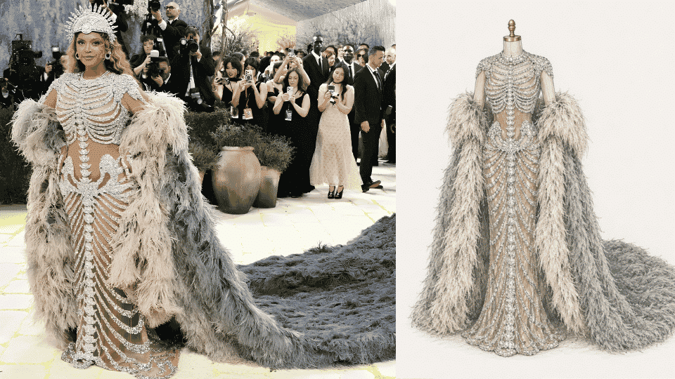beyoncé in olivier rousteing skeleton gown with feathered train and diamond crown