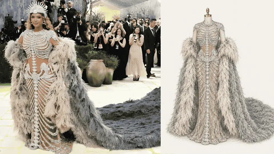 beyoncé in olivier rousteing skeleton gown with feathered train and diamond crown
