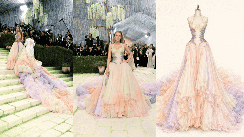 blake lively in archival atelier versace pastel gown with sweeping train