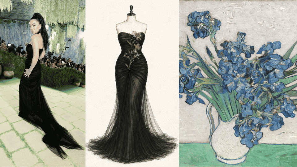 charli xcx in saint laurent black gown with glass iris flower embellishment