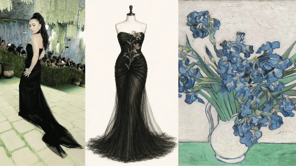 charli xcx in saint laurent black gown with glass iris flower embellishment