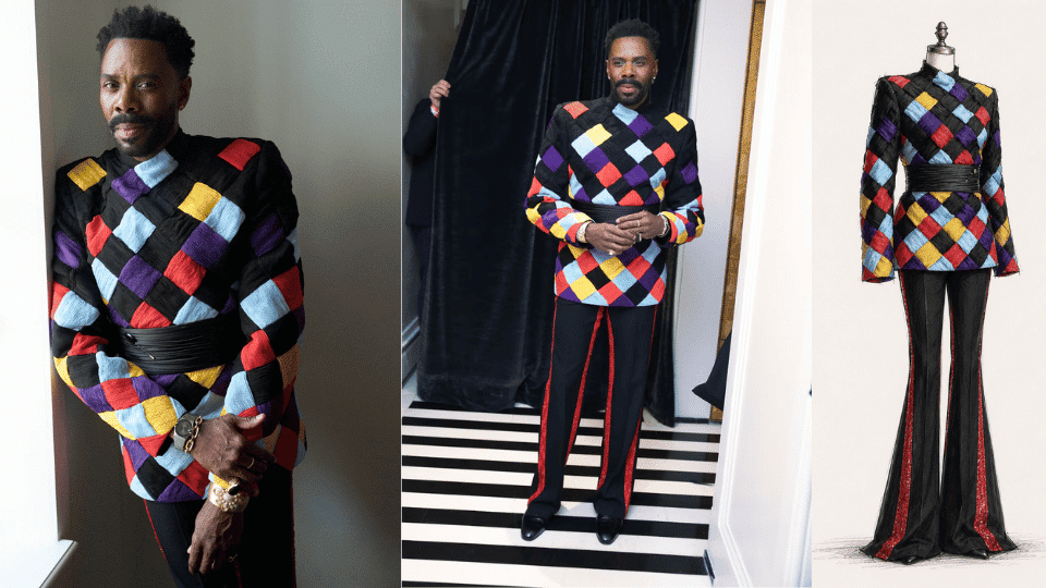 colman domingo in valentino patterned tailored suit with bold color palette