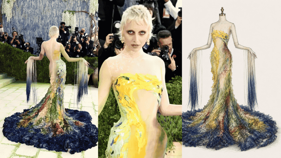 emma chamberlain in mugler hand painted gown with moody watercolor inspired finish