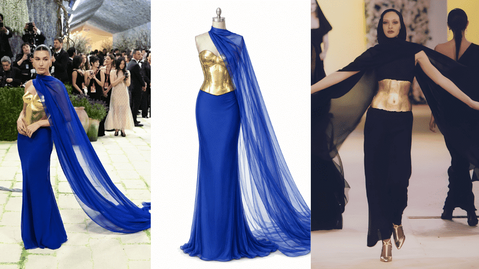 hailey bieber in saint laurent blue chiffon gown with gold sculpted bodice