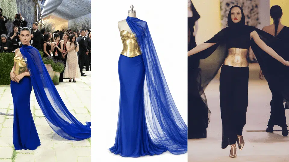 hailey bieber in saint laurent blue chiffon gown with gold sculpted bodice