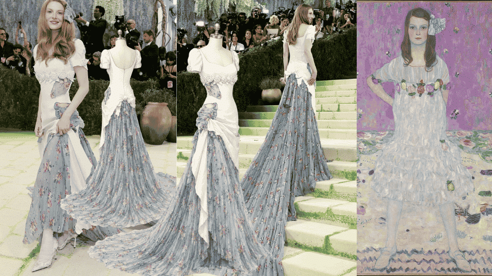 hunter schafer in prada klimt inspired empire waist gown with floral train