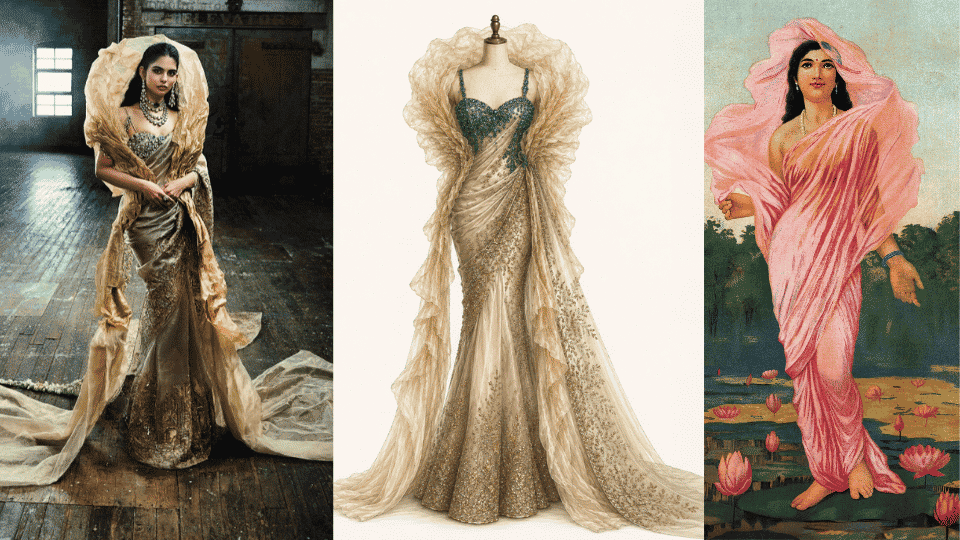 isha ambani in gaurav gupta couture with raja ravi varma inspired motifs