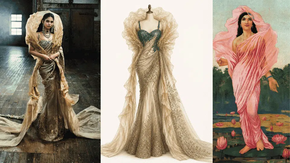 isha ambani in gaurav gupta couture with raja ravi varma inspired motifs