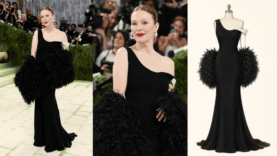julianne moore in bottega veneta silk crepe gown with organza stole