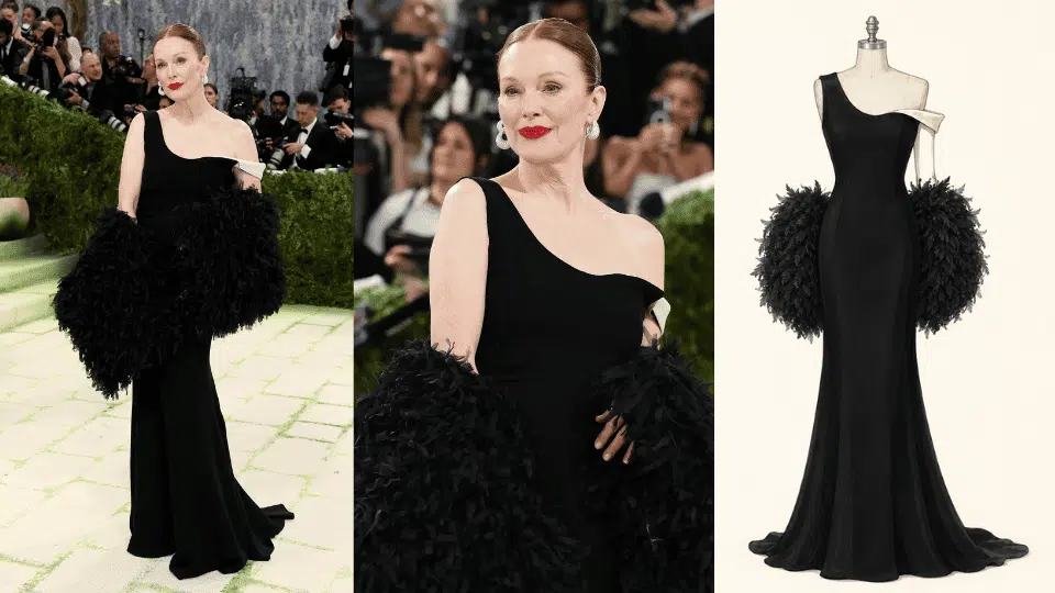 julianne moore in bottega veneta silk crepe gown with organza stole