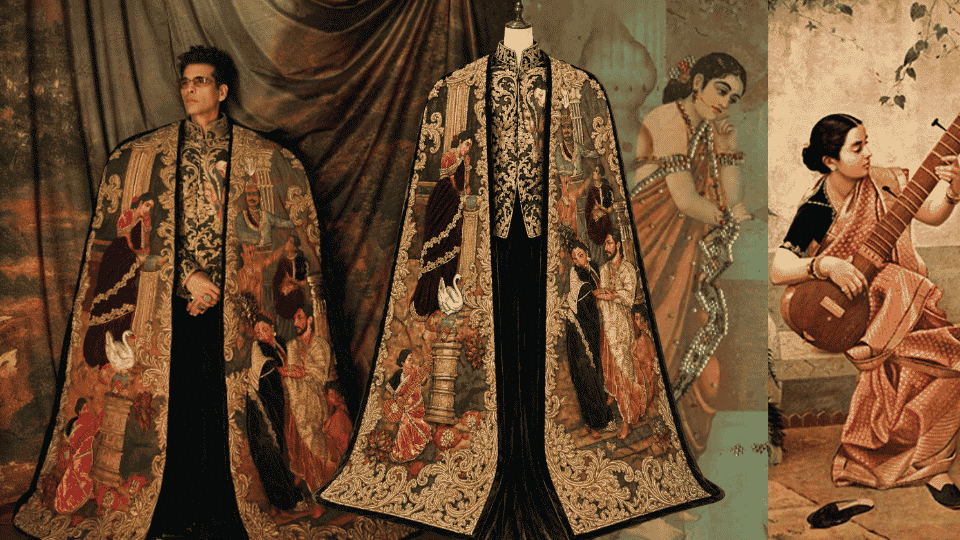 karan johar in manish malhotra embroidered cape inspired by ravi varma art