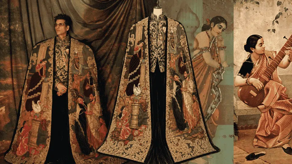karan johar in manish malhotra embroidered cape inspired by ravi varma art