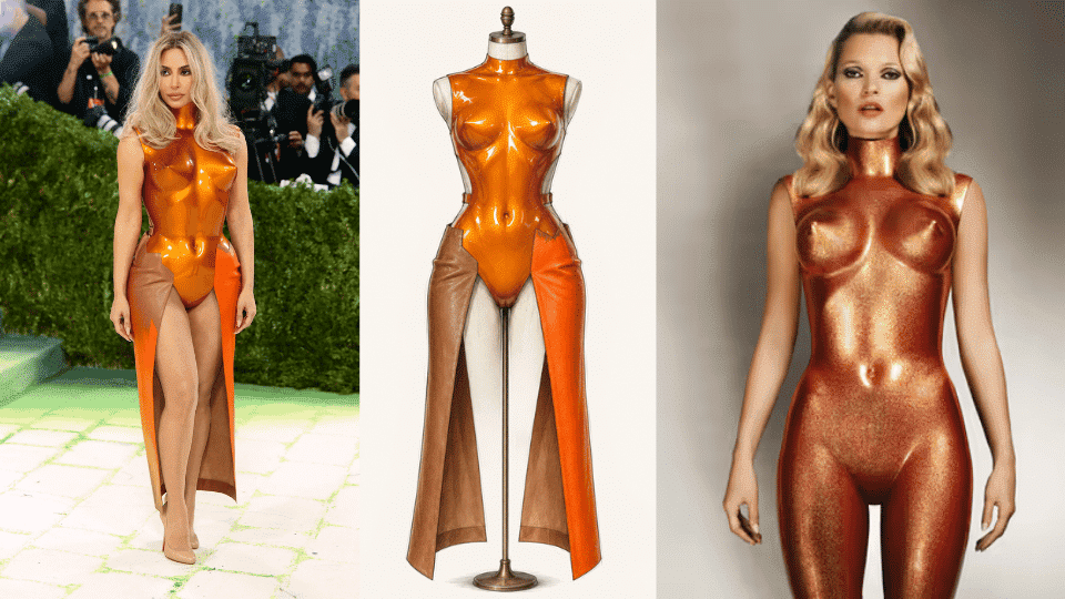kim kardashian in custom allen jones fiberglass bodice with leather skirt