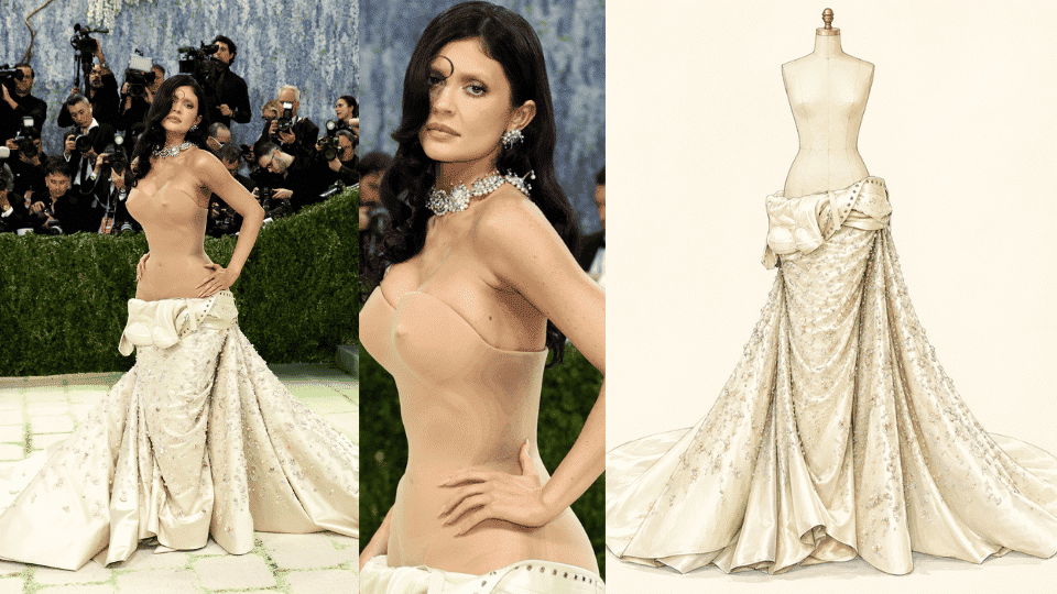 kylie jenner in schiaparelli nude illusion gown with surreal corset detailing