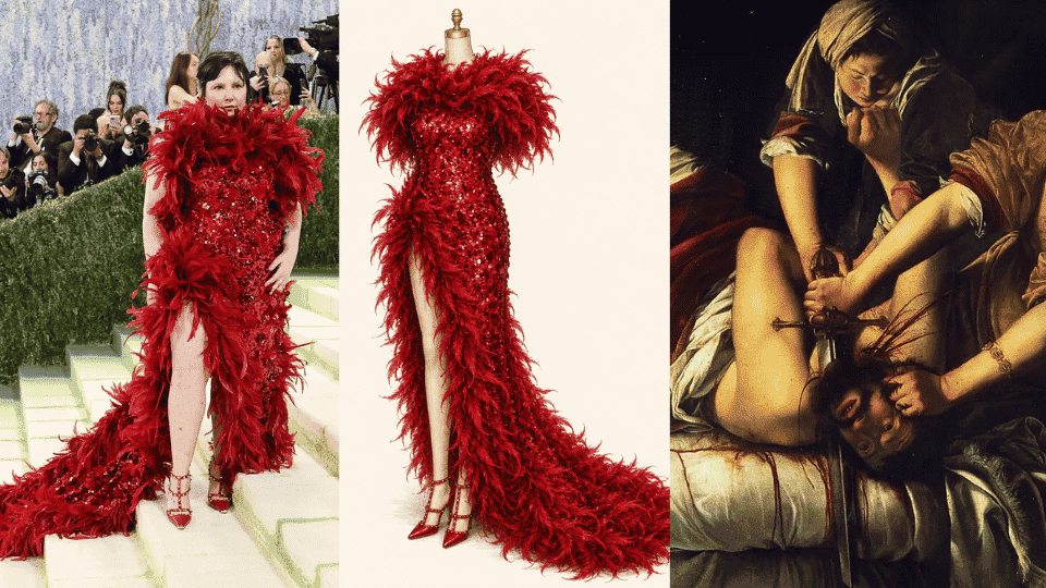 lena dunham in valentino feathered red gown inspired by gentileschi painting