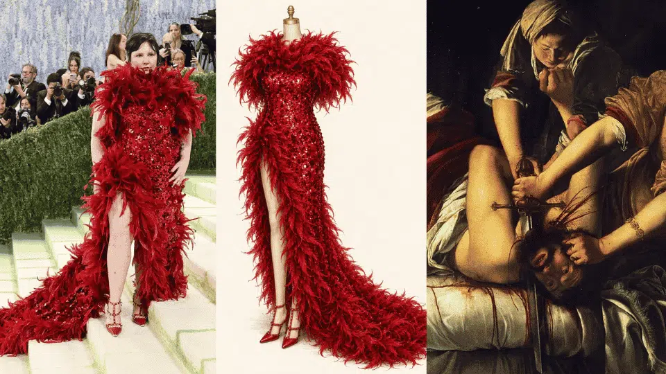 lena dunham in valentino feathered red gown inspired by gentileschi painting