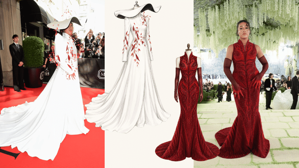 naomi osaka in robert wun sculptural gown with red feather reveal at met gala
