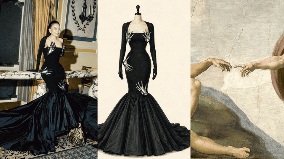 nichapat suphap in robert wun gown with kinetic michelangelo inspired hands