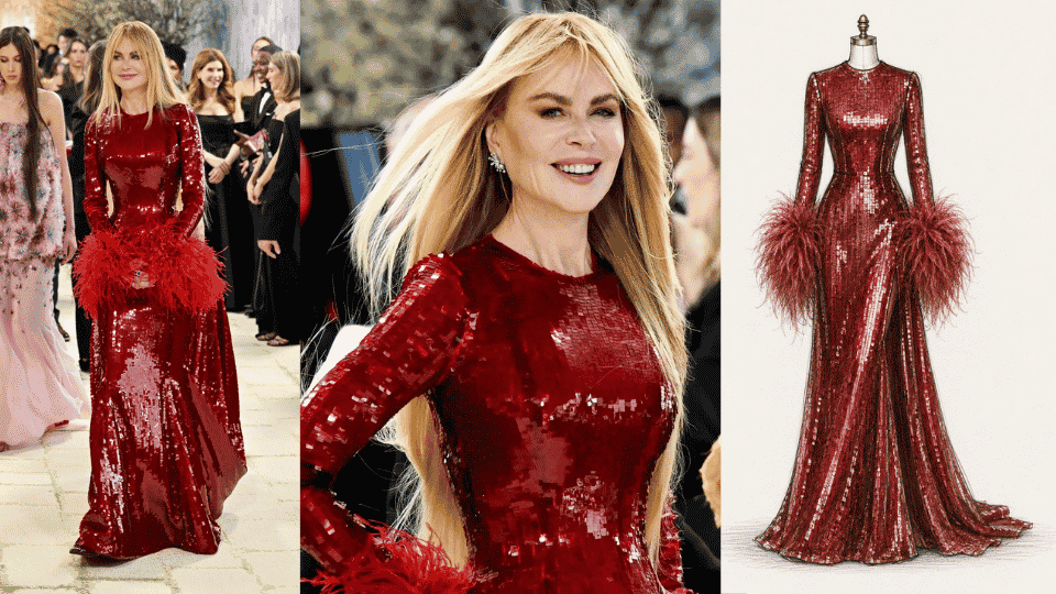 nicole kidman in chanel red sequinned gown with feather detailing at met gala