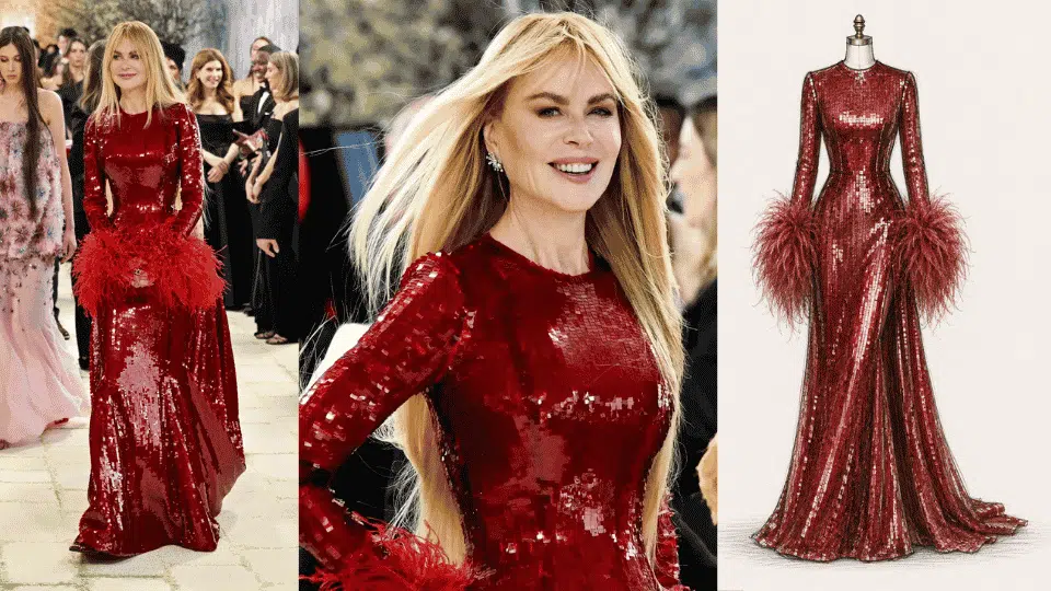 nicole kidman in chanel red sequinned gown with feather detailing at met gala